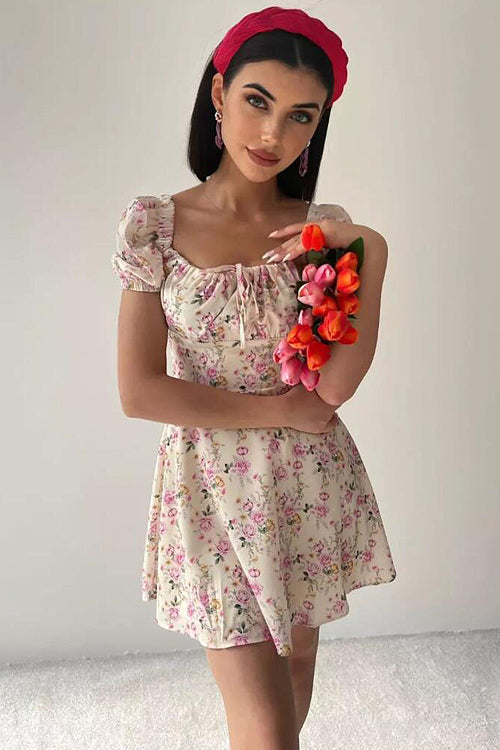 Square Neck Tie Front Puff Sleeve Ditsy Floral Milkmaid Mini Dress