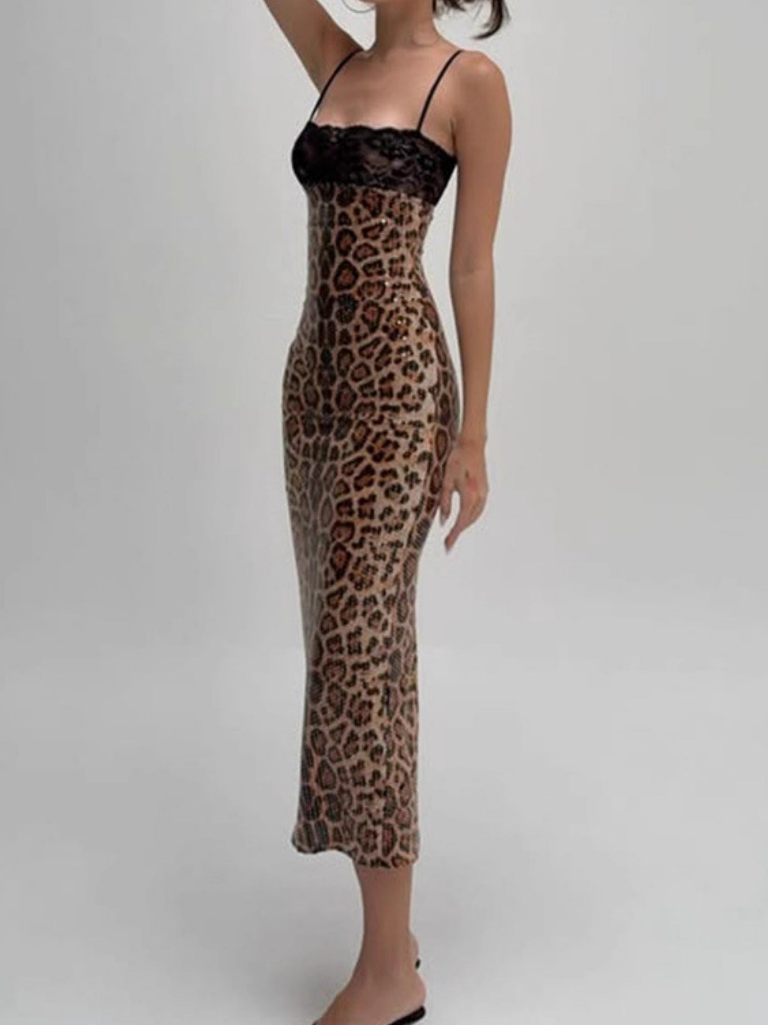 Leopard Print Sequins Lace Patchwork Slim Fit Spaghetti Strap Maxi Dresses