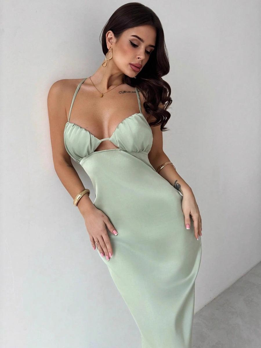 Hollow Slim-fit Satin Formal Dress Midi Dresses