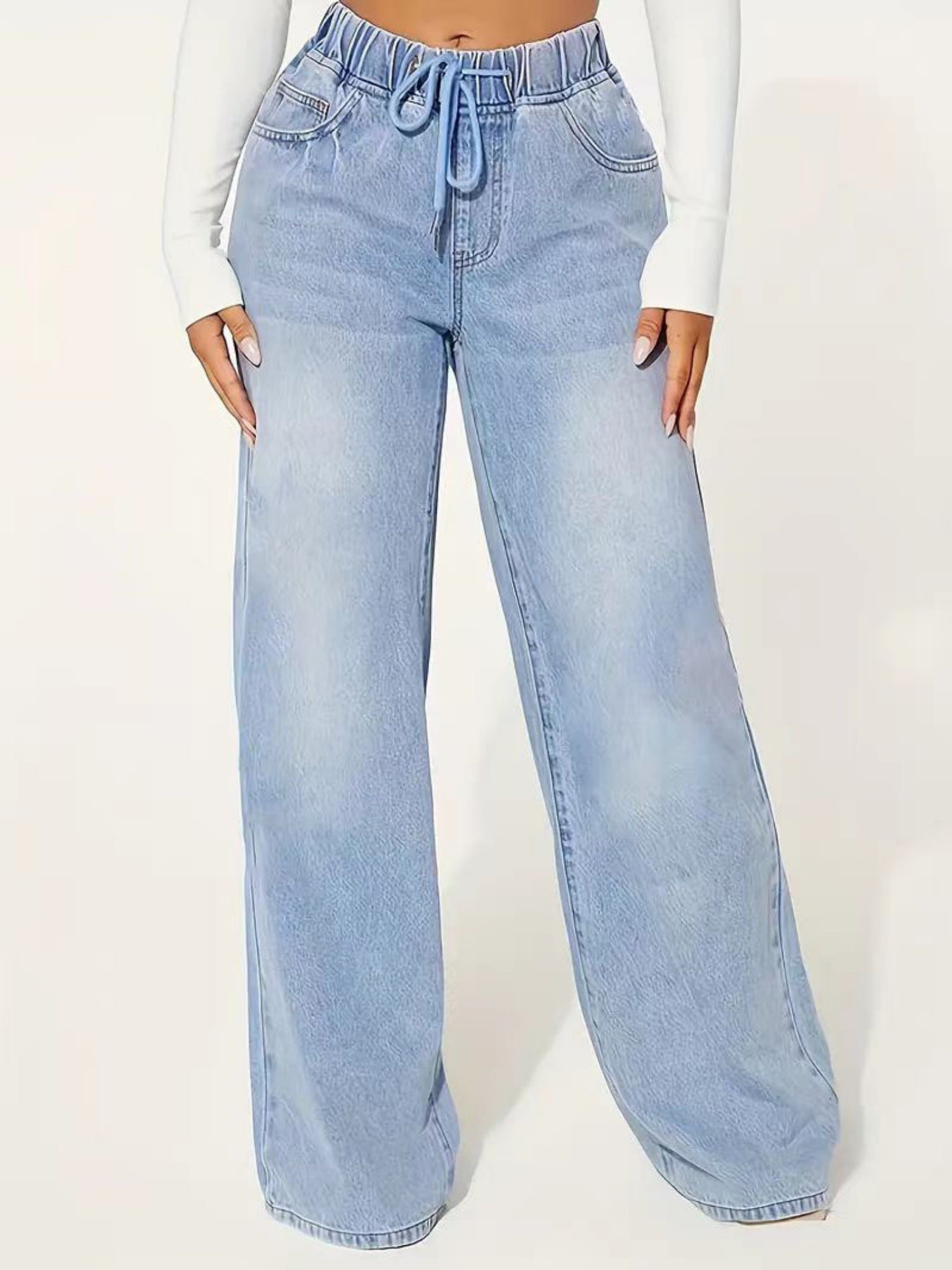High-waisted Drawstring Loose Wide-leg Jeans