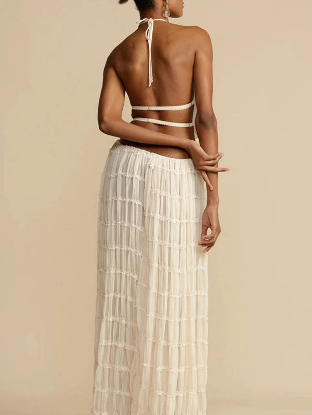 Pleated Sleeveless Backless Halter Neck Full Skirt 2-piece Sets
