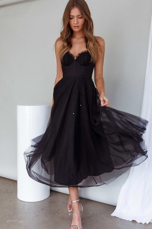 Tulle Corset Sweetheart Spaghetti Strap Tie Waist Midi Dress