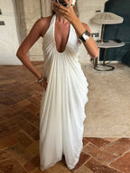 Loose-fitting, Backless, Sleeveless, V-neck, Pleated Halter-neck Mesh Long Dress
