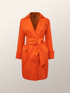 Pointed Collar Deep V Wrap Tie Bow Wing Cuff Patch Pocket Shirt Mini Dress
