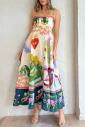 Spaghetti Strap Square Neck Illustrative Print Empire Waist Midi Dress