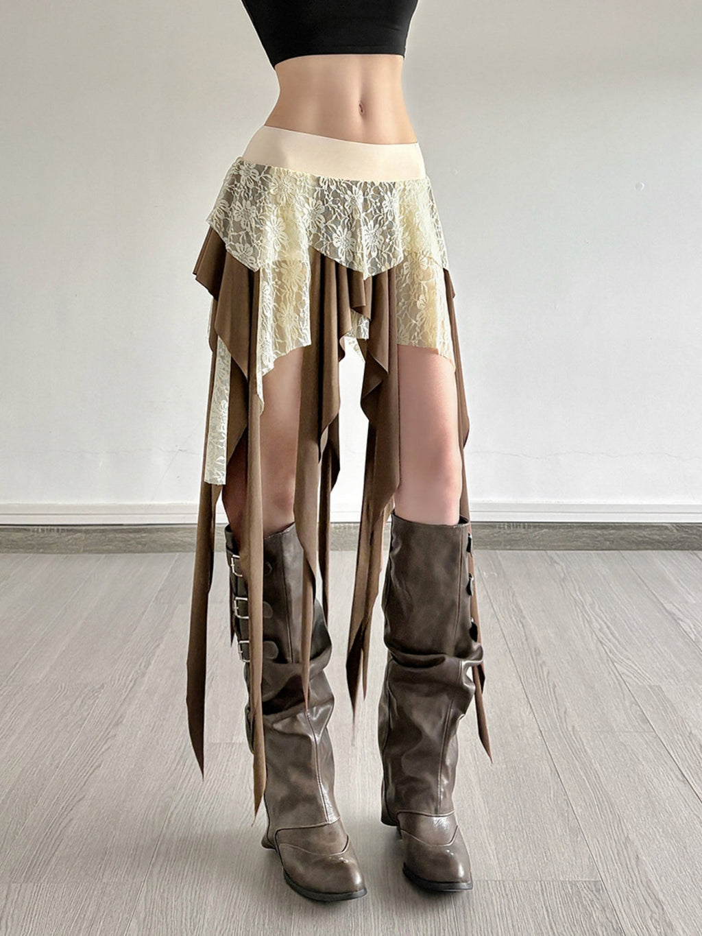 Lace Patchwork Irregular Tassels Color-blocked Short Skirt