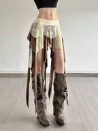 Lace Patchwork Irregular Tassels Color-blocked Short Skirt