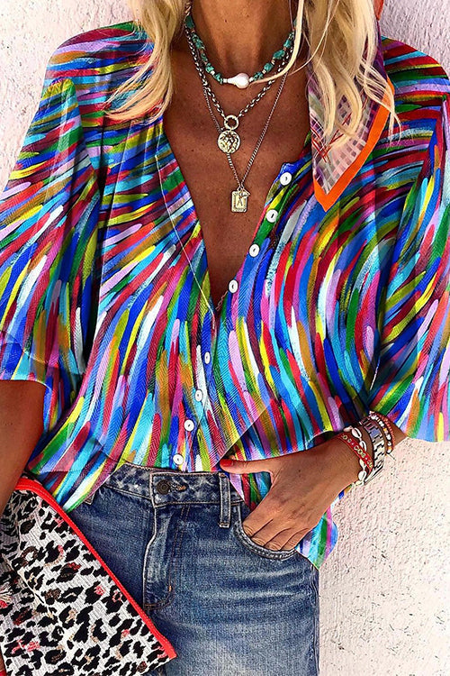 V Neck Button Down Contrast Print Blouse Shirt