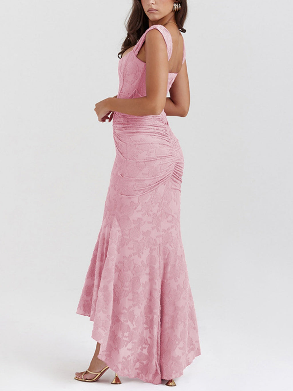 Jacquard Print Pleated Waist Spaghetti Strap Backless Mermaid Tail Maxi Dresses