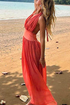 Deep V Neck Halter Backless Flowy Maxi Party Dress