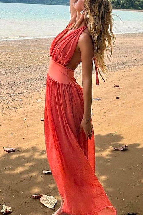 Deep V Neck Halter Backless Flowy Maxi Party Dress