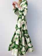 Floral Print V-neck Lantern Sleeves Large Skirt Maxi Dresses