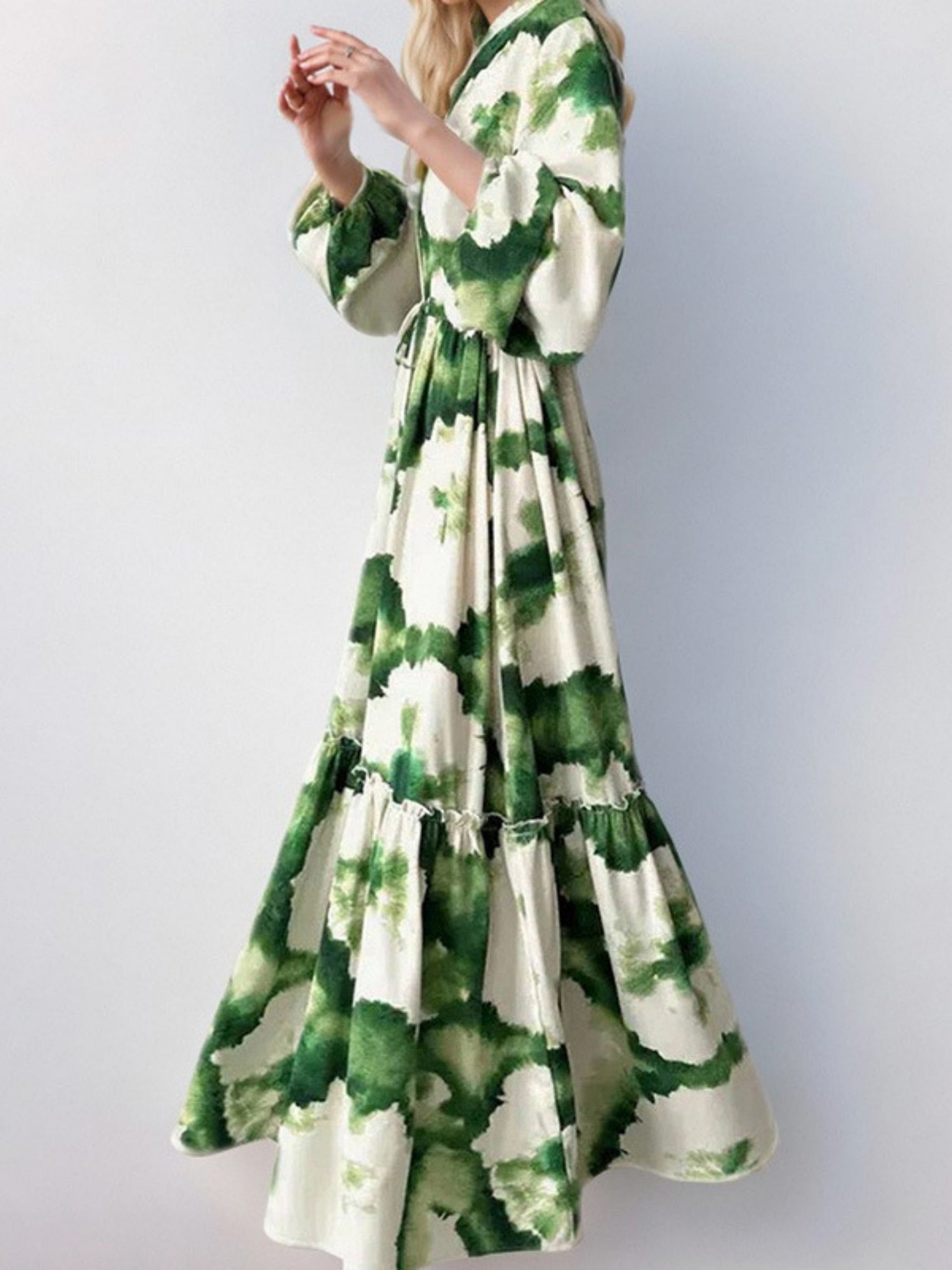 Floral Print V-neck Lantern Sleeves Large Skirt Maxi Dresses