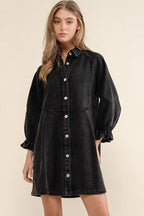 Denim Button Front Chevron Yoke Ruffle Cuff Shirt Mini Dress
