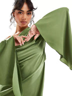 Satin One Shoulder Draped Cape Sleeve High Split Maxi Dress