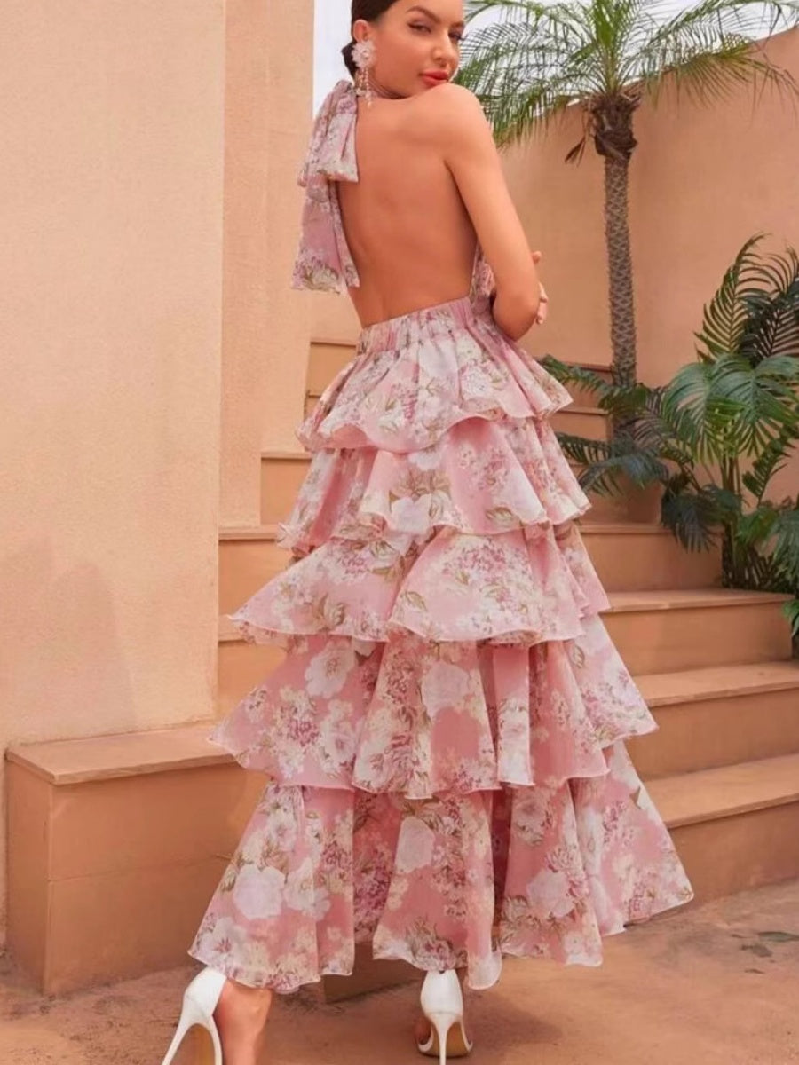 V-neck Spaghetti Strap Multi-layered Floral Print Long Dress