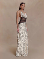 Polka Dots Lace Patchwork Halter Neck Deep V-neck Backless Maxi Dresses