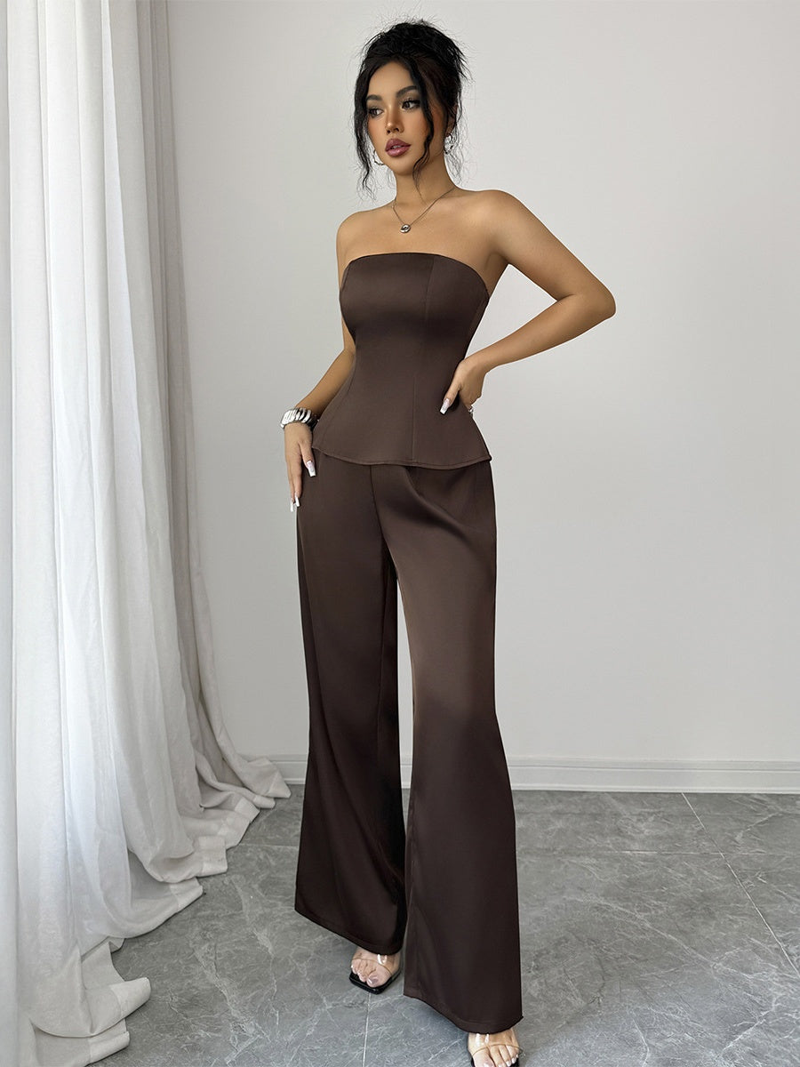 Brown Strapless Wide-leg Pants Two-piece Set