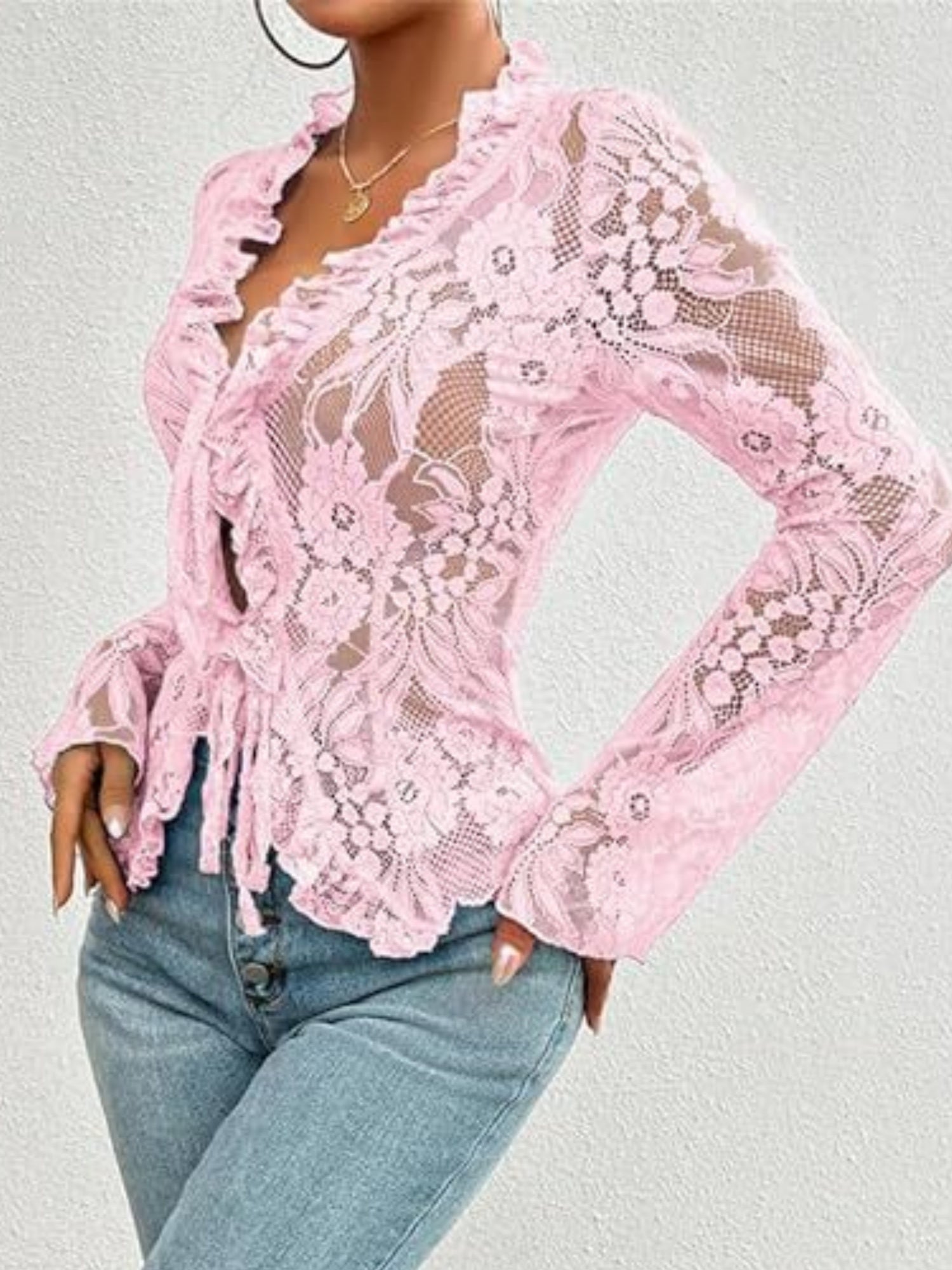 Lace See-through Ruffle Open Front With Tie Sweet T-shirts
