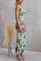 Asymmetrical Shoulder Lace Splice Floral Print Maxi Dress