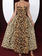 Leopard Print Spaghetti Strap Waist Maxi Dresses