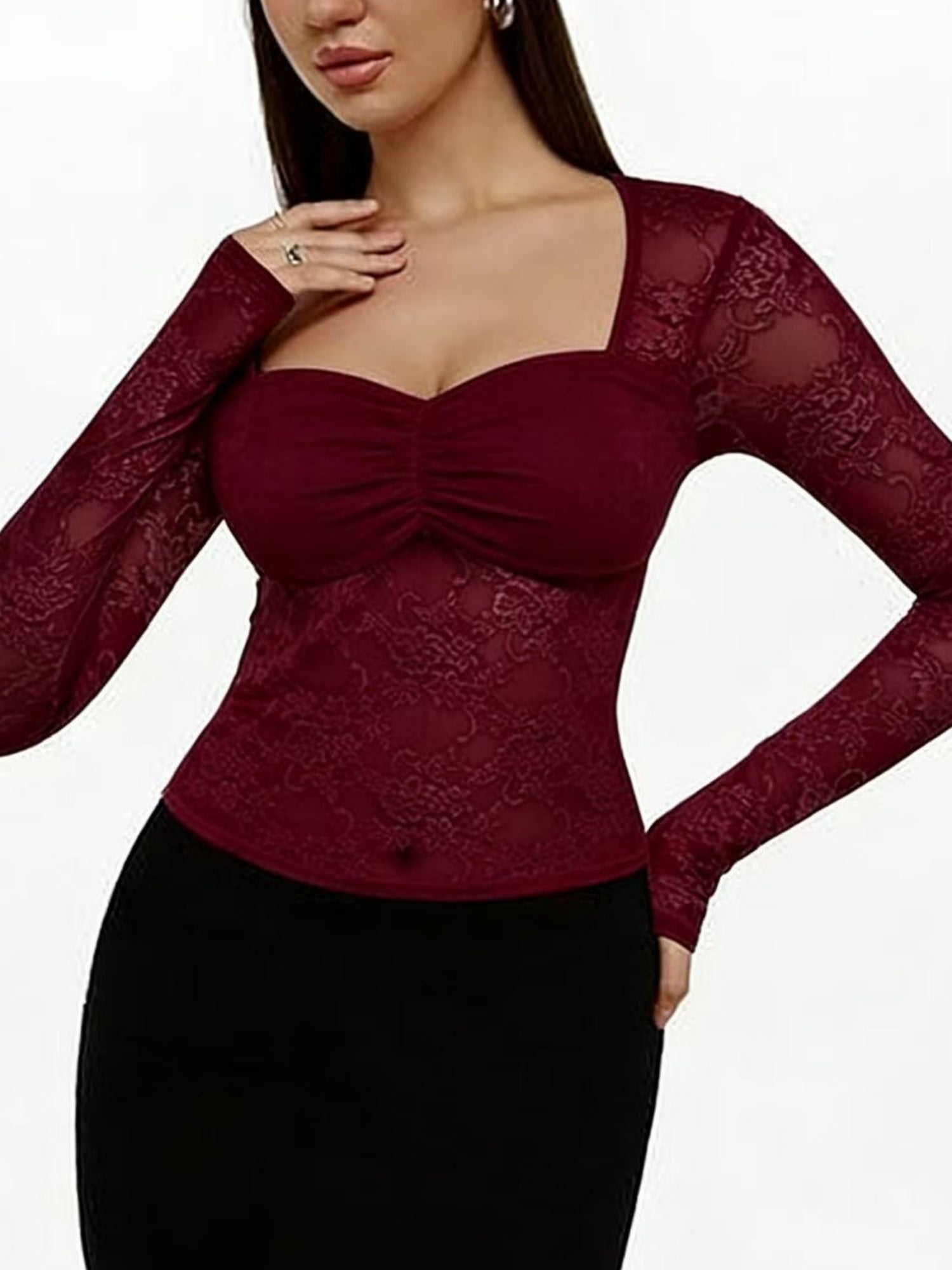 Lace See-through Square Neckline And Fitted Waist Long-sleeved T-shirt