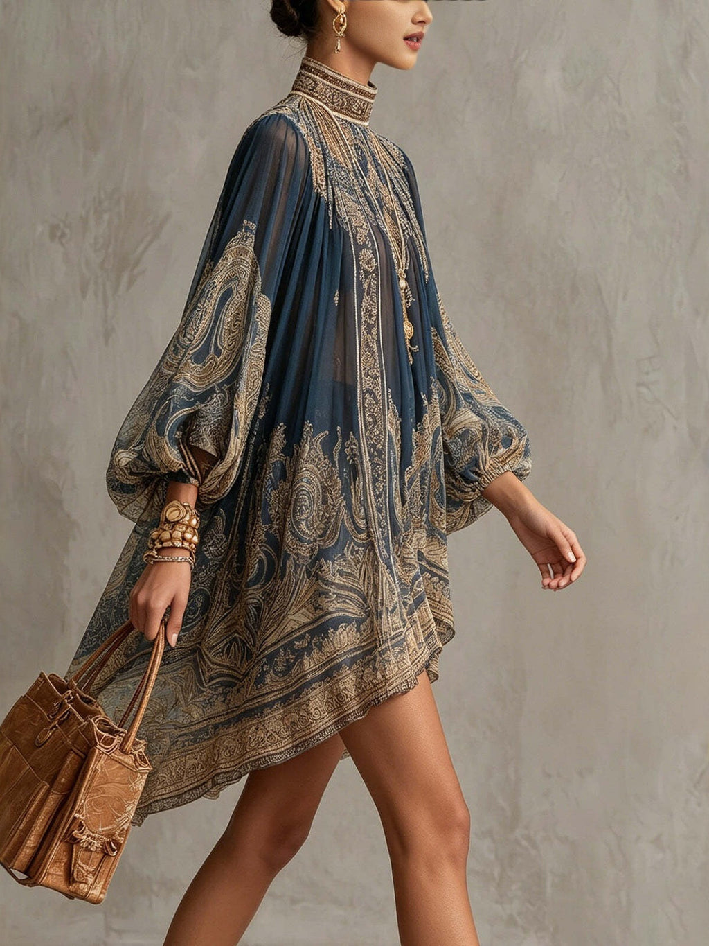 High-neck Printed Chiffon Loose-fitting Resort-style Shawl Long-sleeved Short Dress