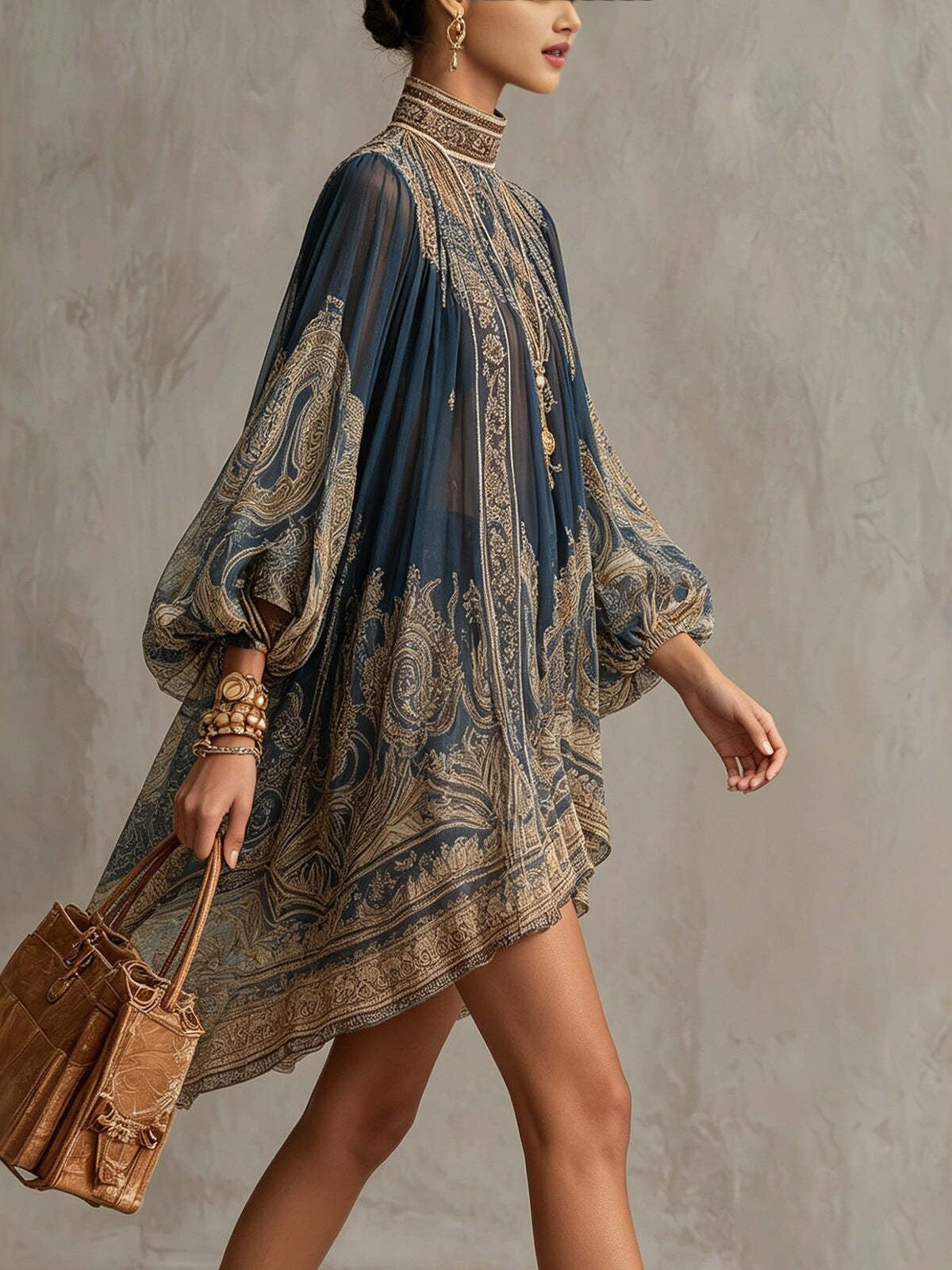 High-neck Printed Chiffon Loose-fitting Resort-style Shawl Long-sleeved Short Dress