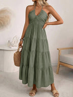 Halter V-neck Drawstring Loose-fit Vacation Maxi Dresses