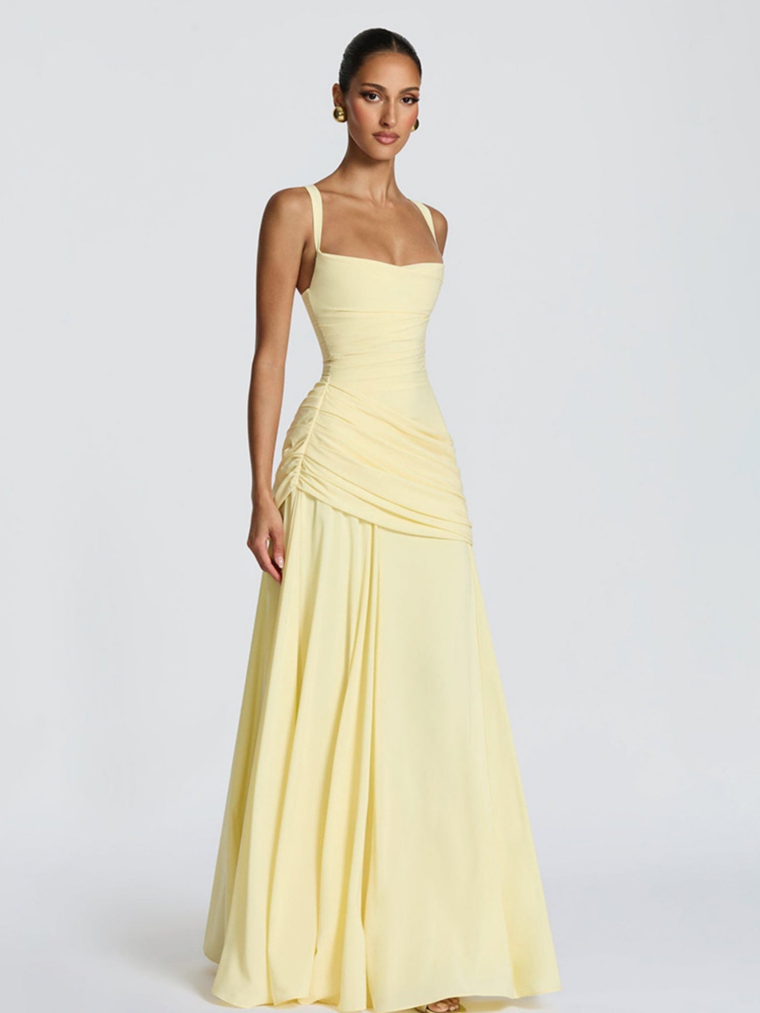 Pleated Waist-cinching And Backless Fish Tail Low-cut Halter Top Maxi Dresses