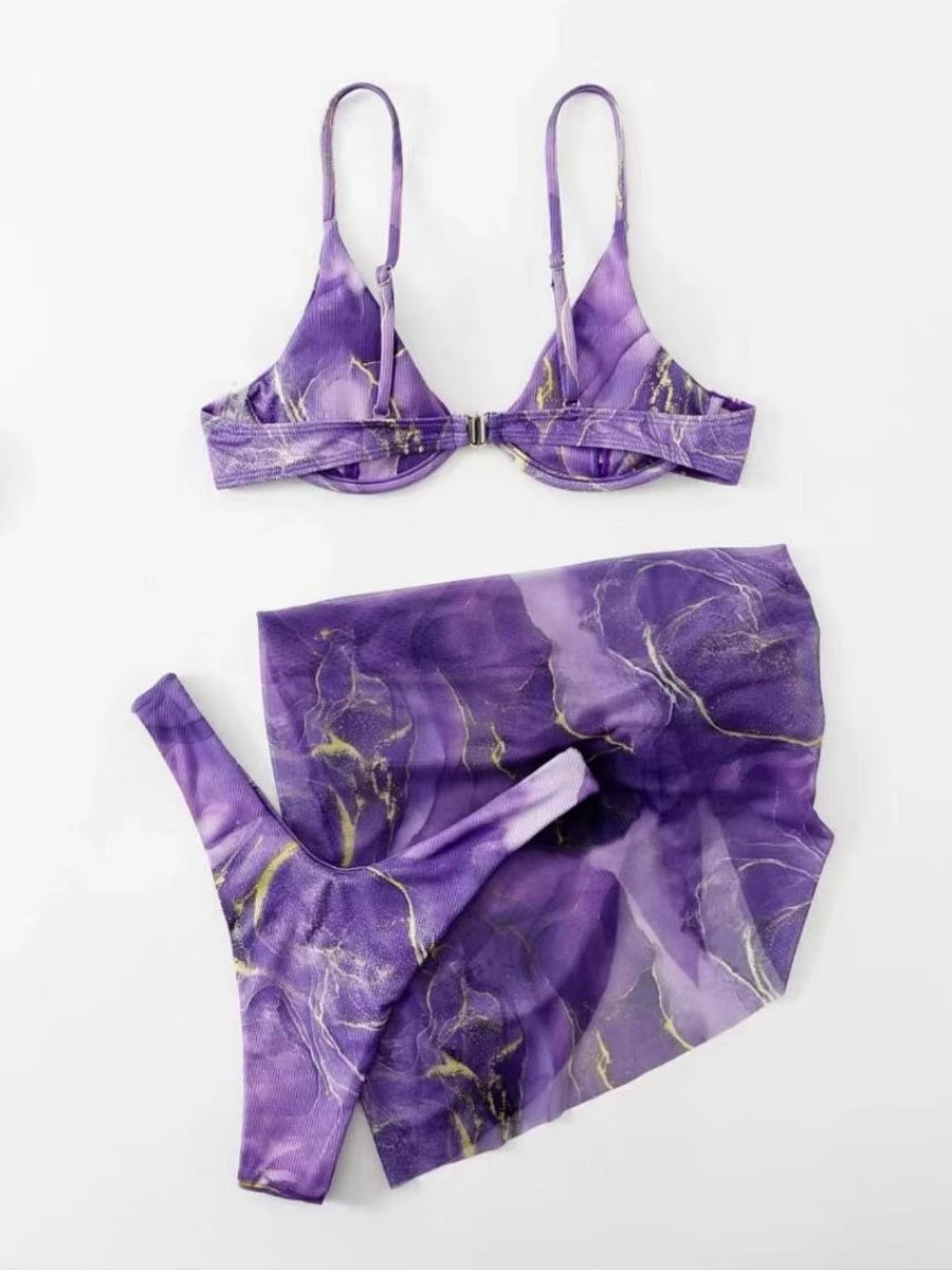 Marble Print Bikini Three-piece Set