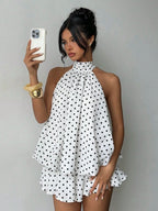 Halter Backless Lace Up Bud Polka Dots Mini&Short Dresses