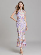 Embroidered 3D Floral Fitted Waist Short-sleeved Long Dress