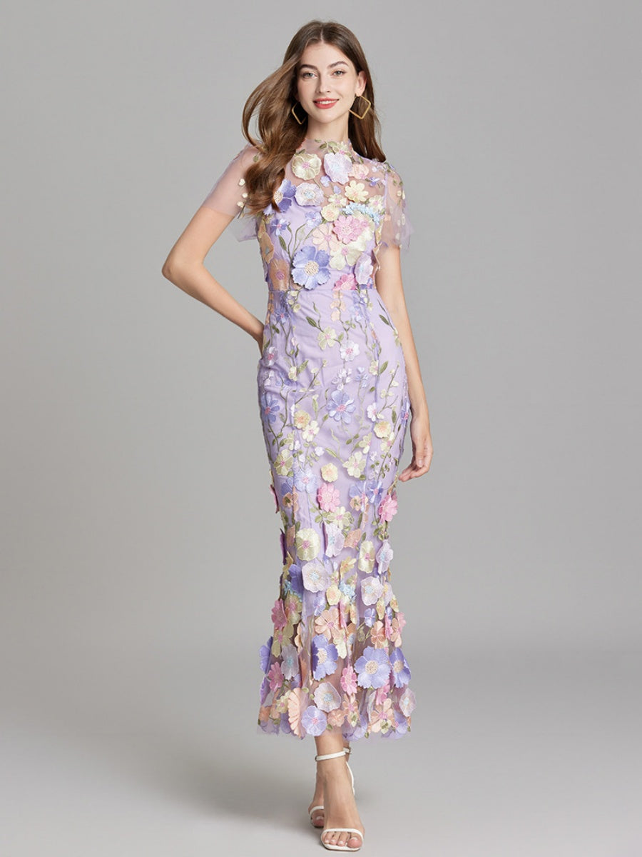Embroidered 3D Floral Fitted Waist Short-sleeved Long Dress
