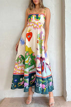 Spaghetti Strap Square Neck Botanical Fruit Print Scalloped Hem Midi Dress