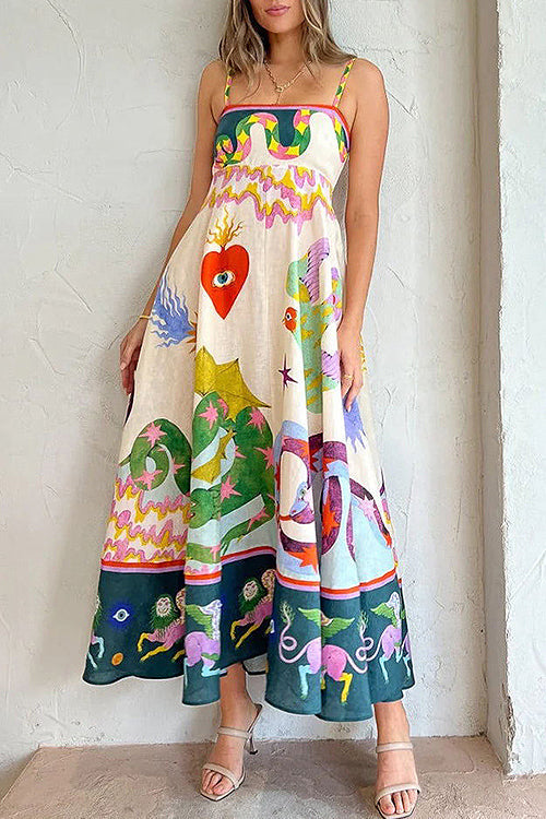 Spaghetti Strap Square Neck Botanical Fruit Print Scalloped Hem Midi Dress