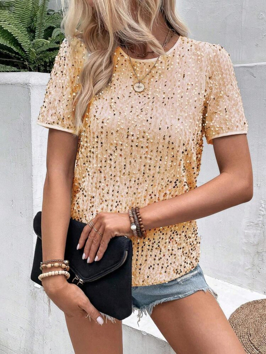 Sequins Crew Neck Short Sleeve T-shirt