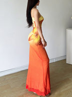 Floral Print Gradient Colors Fishtail And Hip Maxi Dresses