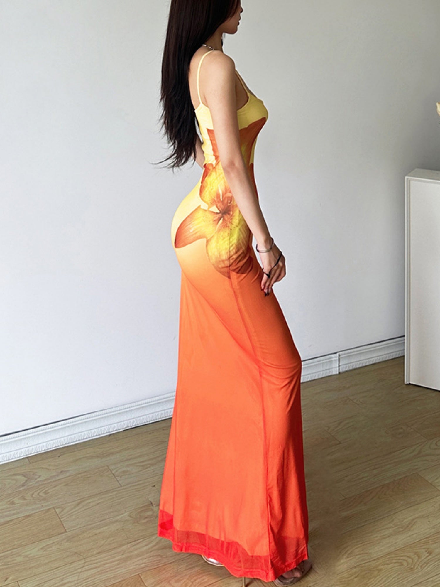 Floral Print Gradient Colors Fishtail And Hip Maxi Dresses