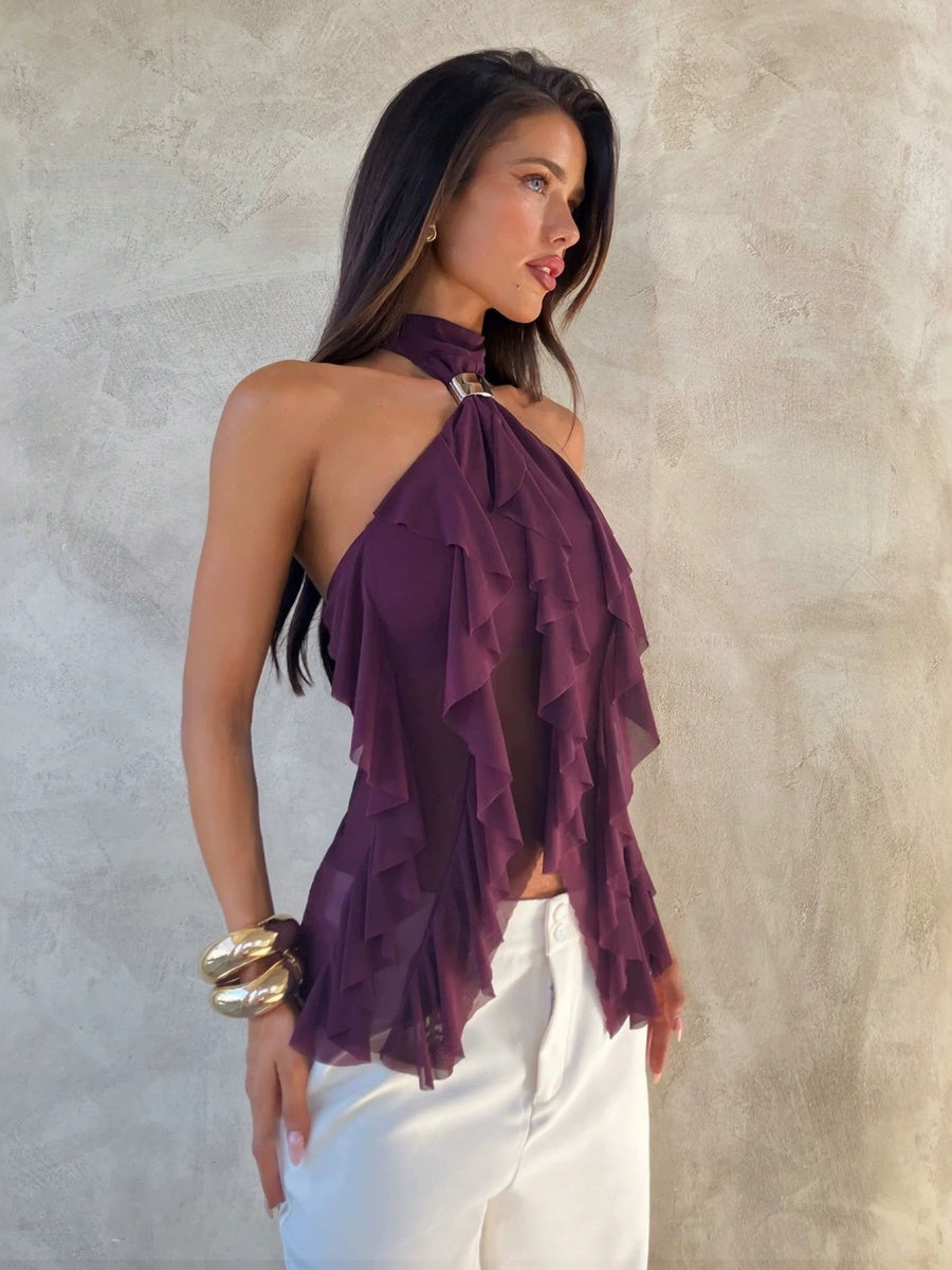 Halter Ruffle Irregular Hem Sleeveless Off-shoulder Camisoles