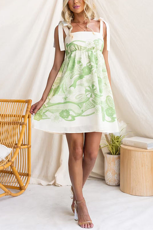 Bow Shoulder Sleeveless High Waist Floral Print Mini Dress