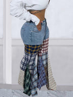 Houndstooth Pattern Flared Pants Ruffle Jeans