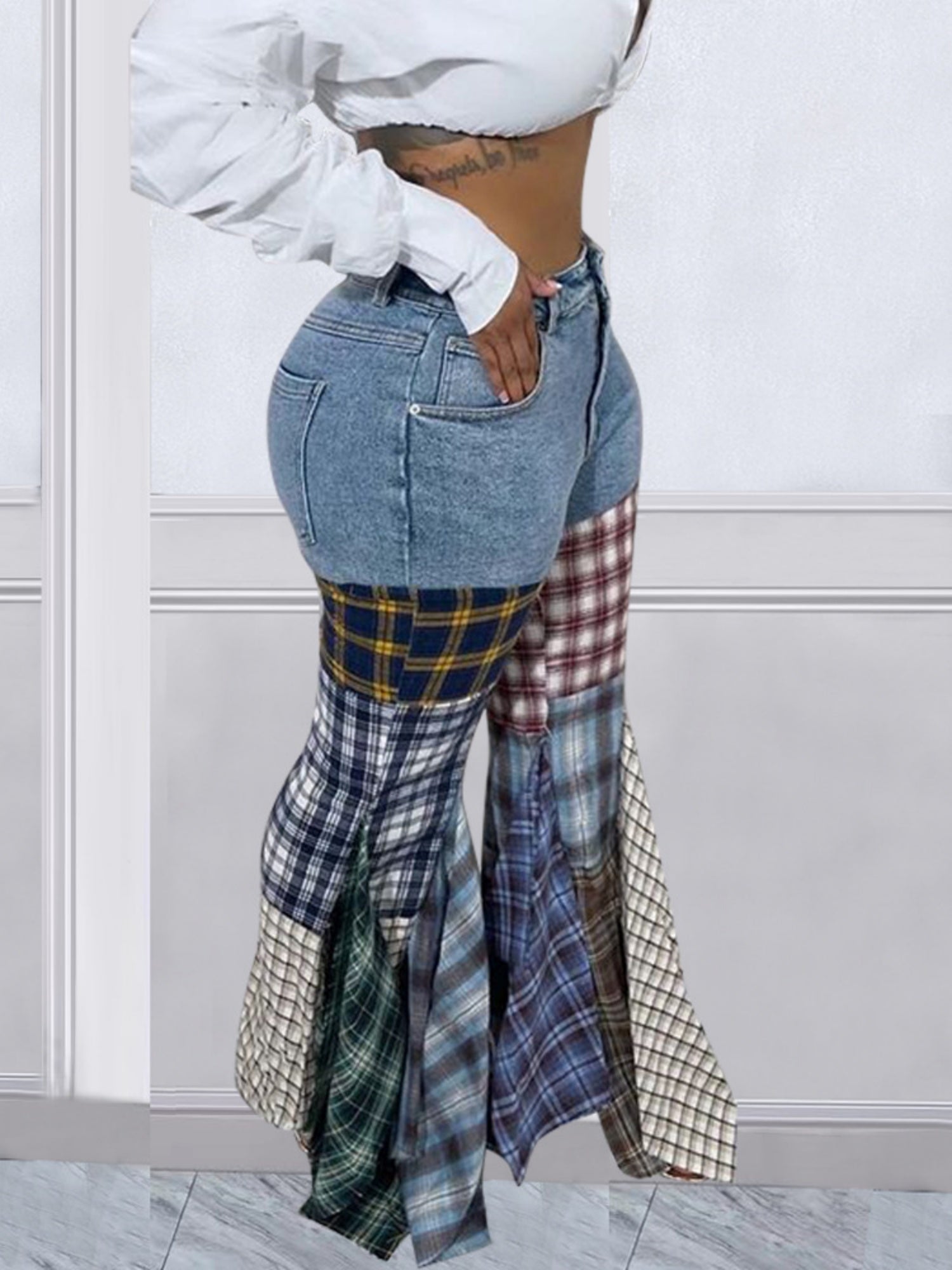 Houndstooth Pattern Flared Pants Ruffle Jeans