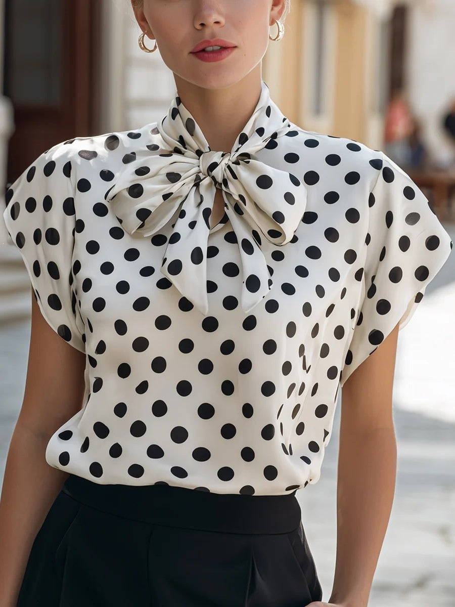 Flying Sleeves Commuting Bow Polka Dots Chiffon Blouse