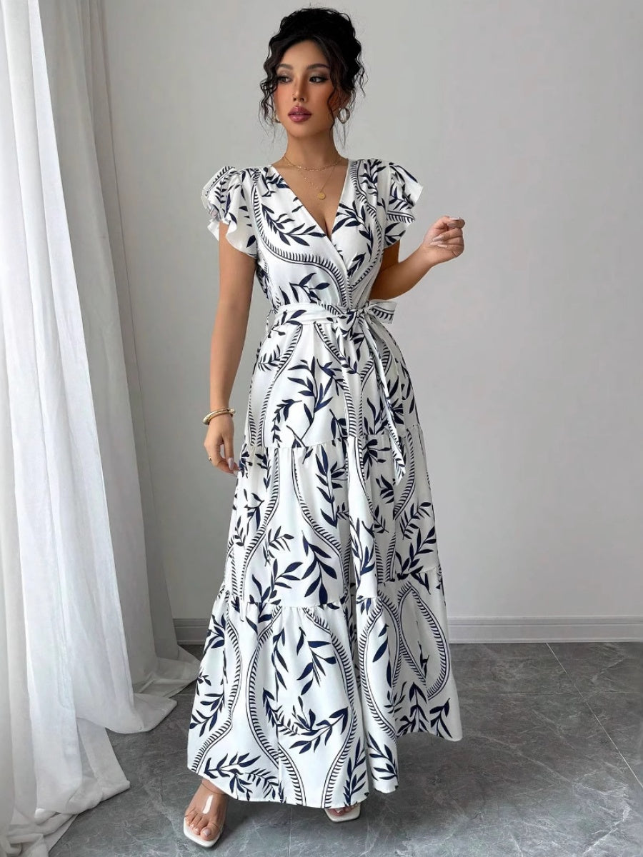 Ruffle Leaf Print V-neck Sexy Slim-fit Long Dress