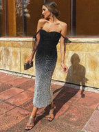 V-neck Sequins Evening Gown Raglan Sleeve Gradient Maxi Dresses