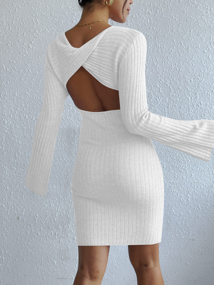 Ribbed Knit Scoop Neck Bell Sleeve Bodycon Mini Dress