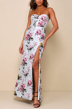 Strapless Waisted Slit Floral Print Maxi Dress