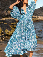 Floral Print Tie Neck Balloon Sleeve Gathered Waist Midi Dress