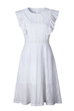 Eyelet Crew Neck Butterfly Ruffle Sleeve A-Line Midi Dress